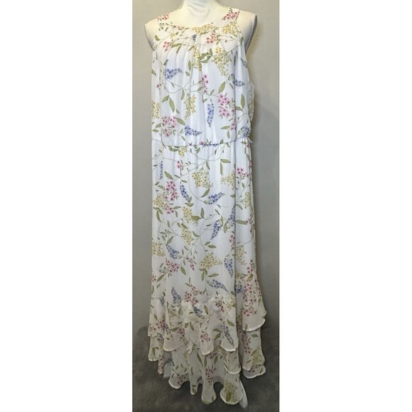 Calvin Klein Chiffon Print Mock Neck White Floral Maxi Dress Plus Size 18W - Picture 1 of 10